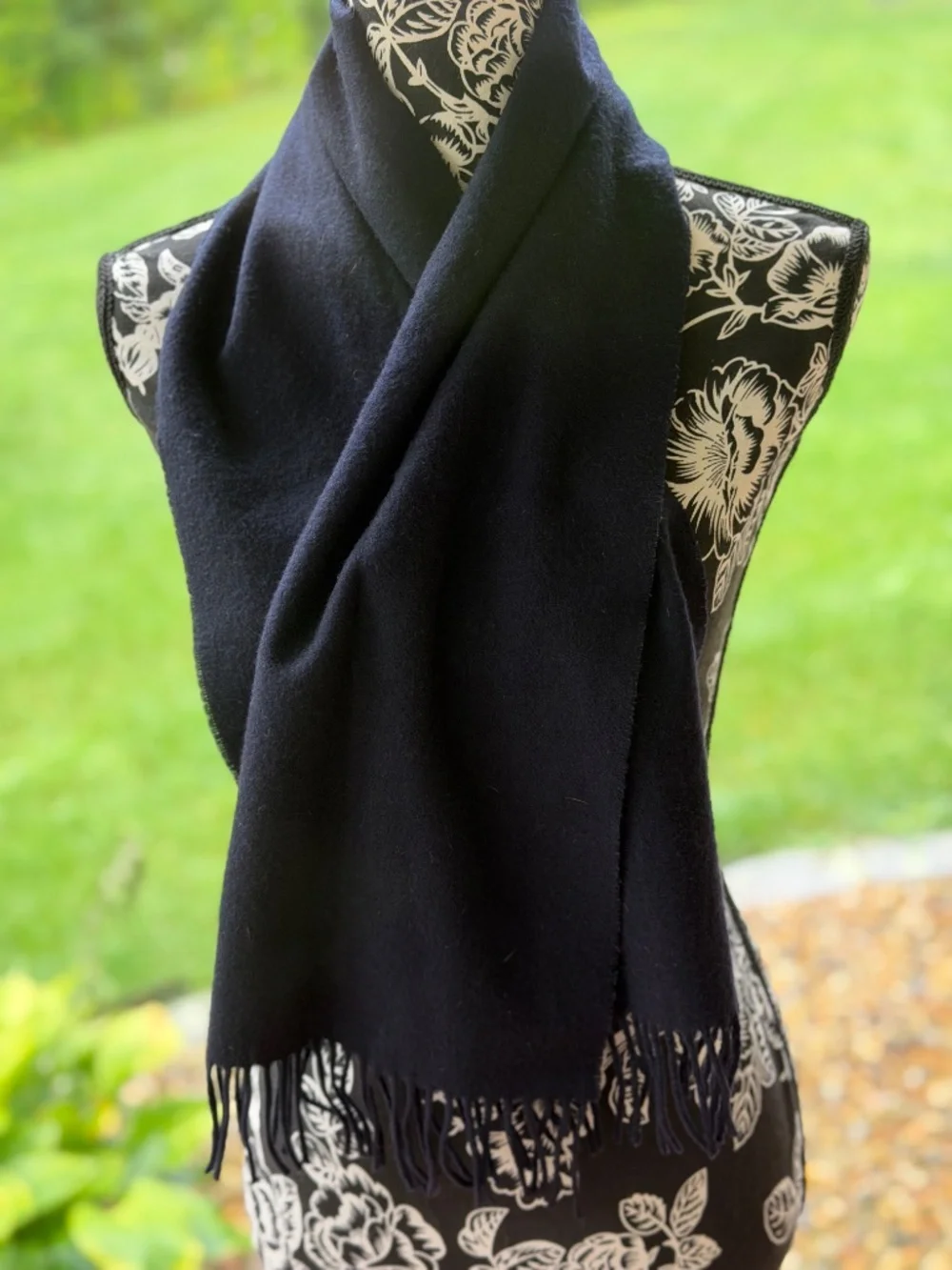 Vintage Pashmina 100% Cashmere Scarf Navy Blue Made in Germany Fringe Unisex
